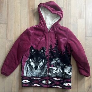 Vintage Maroon Wolf Print Hooded Fleece Jacket
